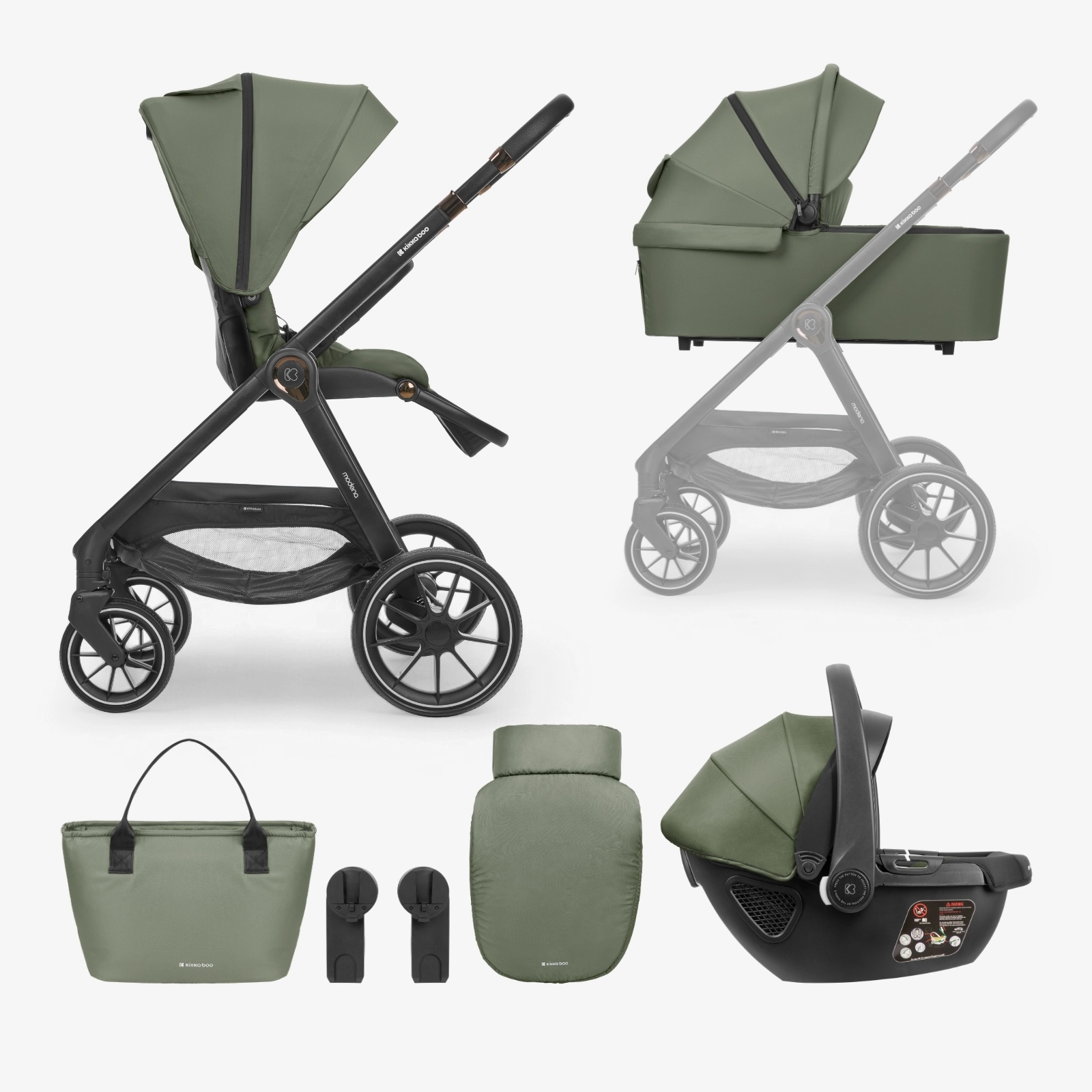 KikkaBoo® Otroški voziček s košaro 3v1 Modena Army Green KikkaBoo