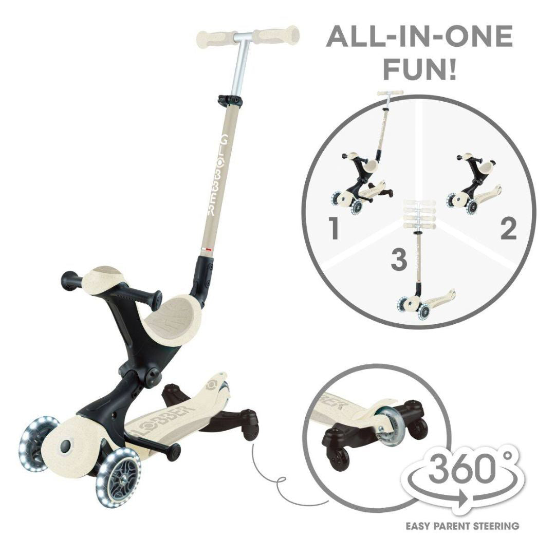 Globber® Zložljivi otroški skiro GO UP deluxe 360° s svetlečimi kolesi Taupe Globber