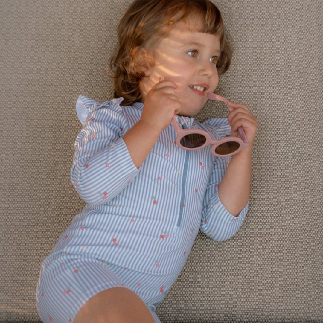 Little Dutch® Otroške enodelne kopalke z rokavi Sunny Flowers Blue Little Dutch