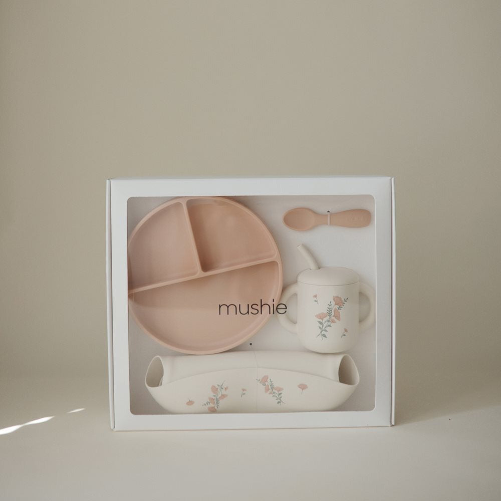 Mushie® Silikonski set za hranjenje Pink Flowers Mushie