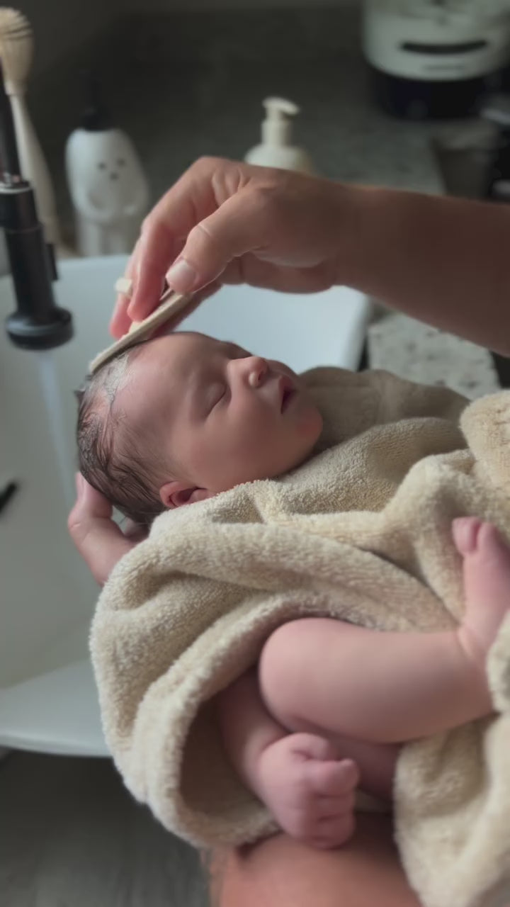 Carica video: Mushie® Spazzola in silicone per la rimozione della crosta lattea 2 pezzi Rose/Soft Lilac