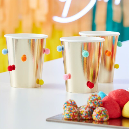 Slika za Ginger Ray® Papirnate čašice Rainbow Pom Pom Gold  8 komada