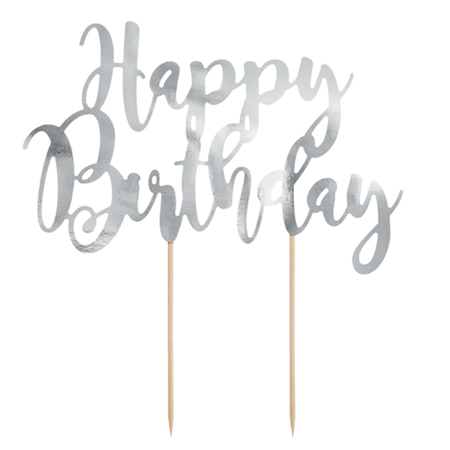 Slika za Party Deco® Natpis za tortu Happy Birthday Silver