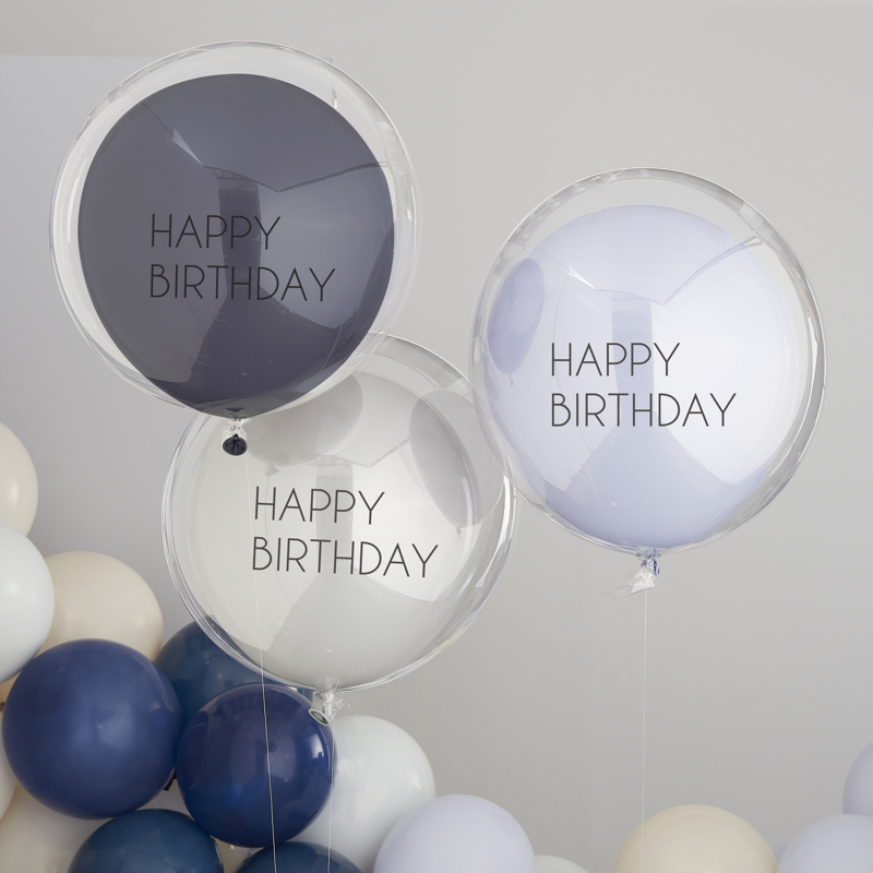 Slika za Ginger Ray® Set 3 balona Blue & Grey Double Layered Happy Birthday