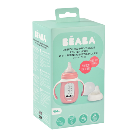 Slika za Beaba® Staklena bočica za učenje pijenja 2u1 210ml Old Pink